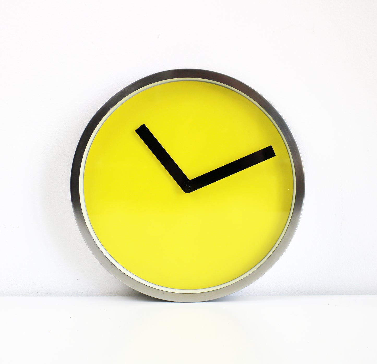 Preloved minimalist wall clock by IKEA space age yellow, black and steel
