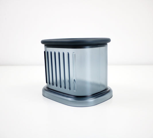 Rare unused canister by Sottsass for Guzzini 90s/Y2K frosted acrylic with ribbed detail and dark grey matt plastic lid