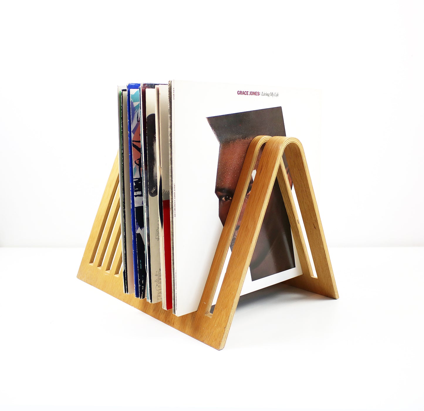 Vintage bent plywood beech veneer magazine rack / vinyl record storage 1980s 1990s