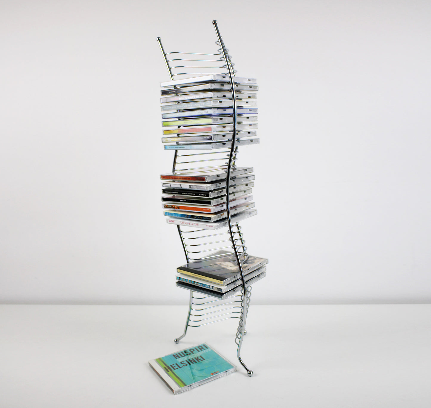 Postmodern wavy chrome CD tower - 40 CDs. Preloved 1980s / 90s