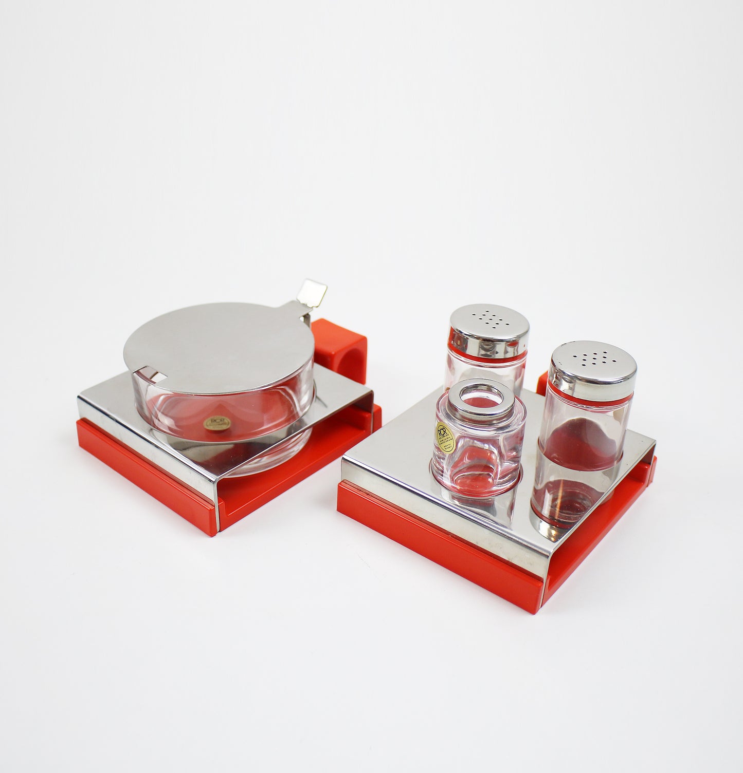 1970s Line+ABS RARE Abert containers in bright orange acrylic, glass and stainless steel 3 styles available