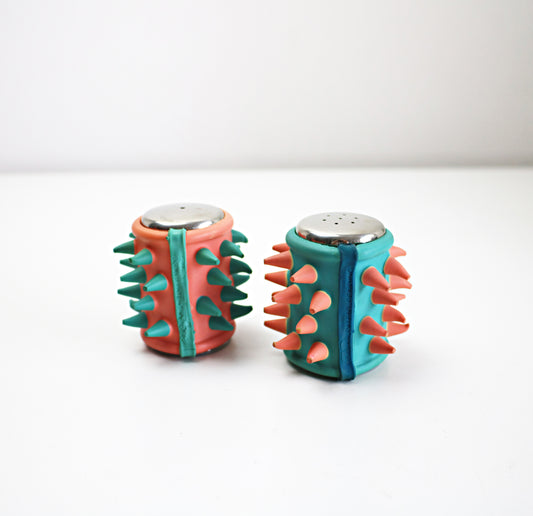Rare spiky rubber cruet set - 1990s pink and blue by COUCH UK / Craig Morrison