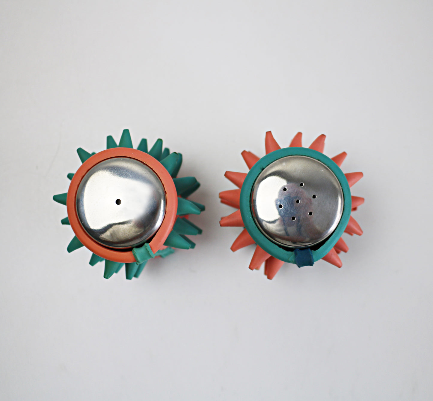 Rare spiky rubber cruet set - 1990s pink and blue by COUCH UK / Craig Morrison