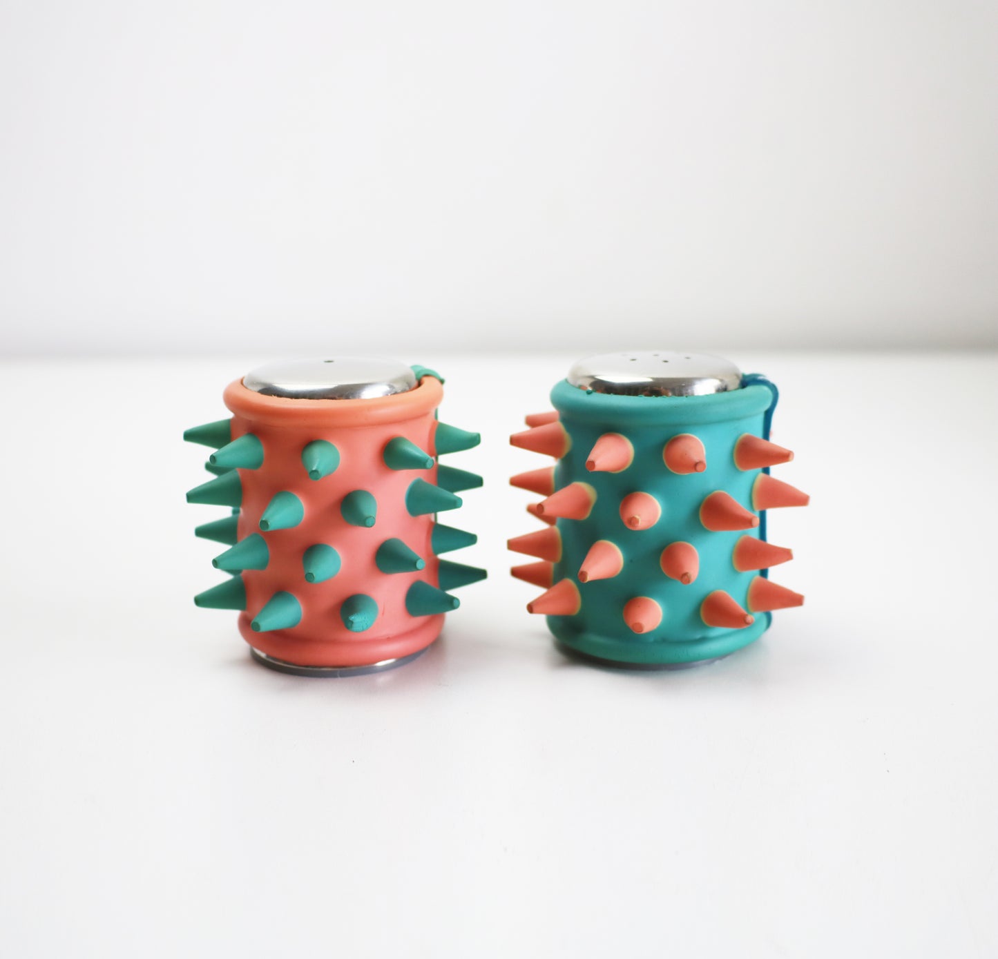 Rare spiky rubber cruet set - 1990s pink and blue by COUCH UK / Craig Morrison