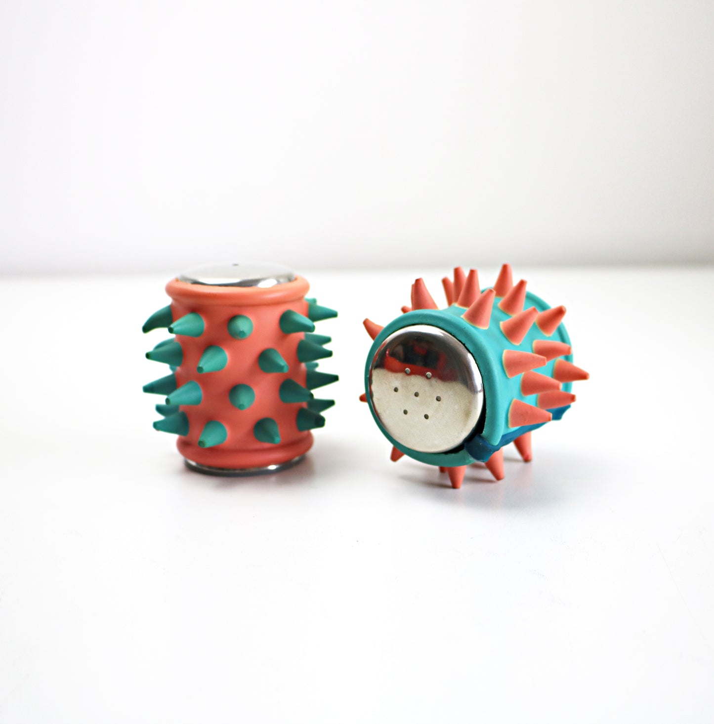 Rare spiky rubber cruet set - 1990s pink and blue by COUCH UK / Craig Morrison