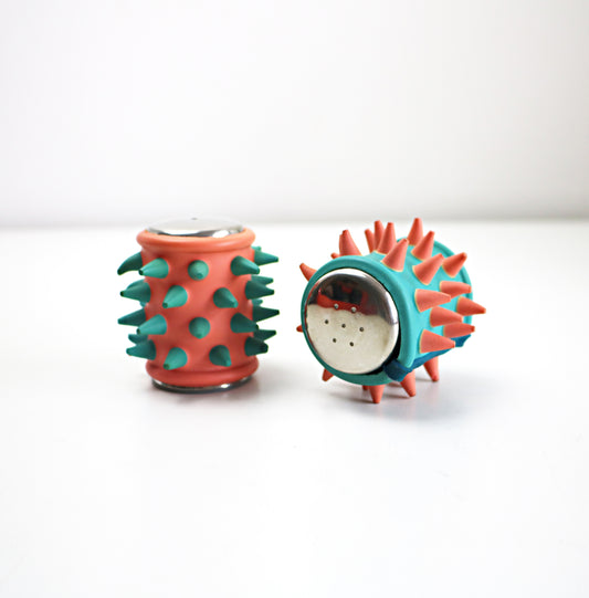 Rare spiky rubber cruet set - 1990s pink and blue by COUCH UK / Craig Morrison