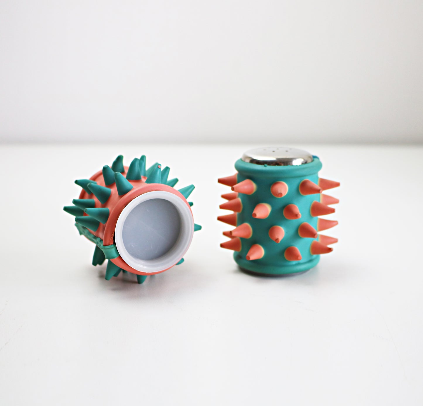 Rare spiky rubber cruet set - 1990s pink and blue by COUCH UK / Craig Morrison