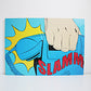 A square pop-art style print or poster showing a hand slamming a blue telephone receiver, with a yellow comic burst and the word "SLAMM" in red, photographed against a light gray wall and white surface. IKEA 1990s art. Vintage