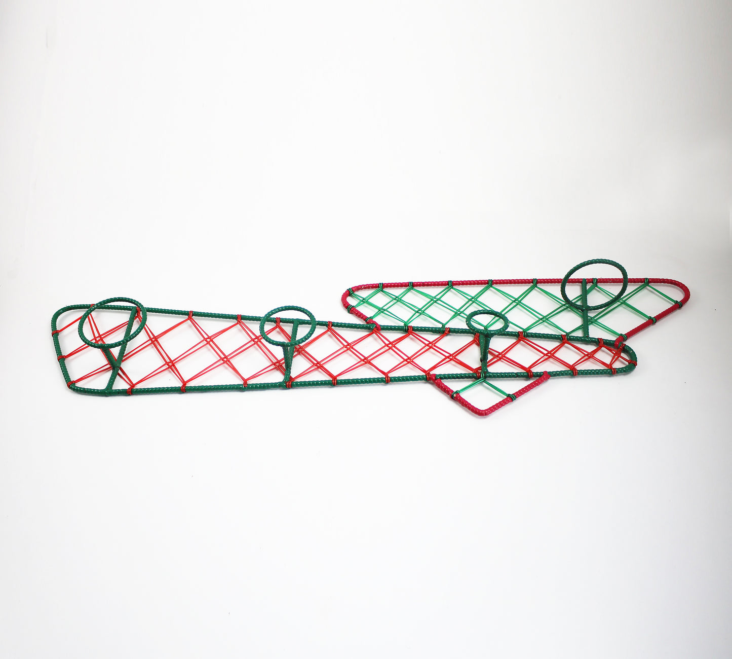 Vintage Italian atomic coat rack / hooks in metal with scoubidou plastic string in red and green