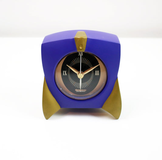 Memphis inspired postmodern mantle clock in purple and gold by Timestone Longford Design
