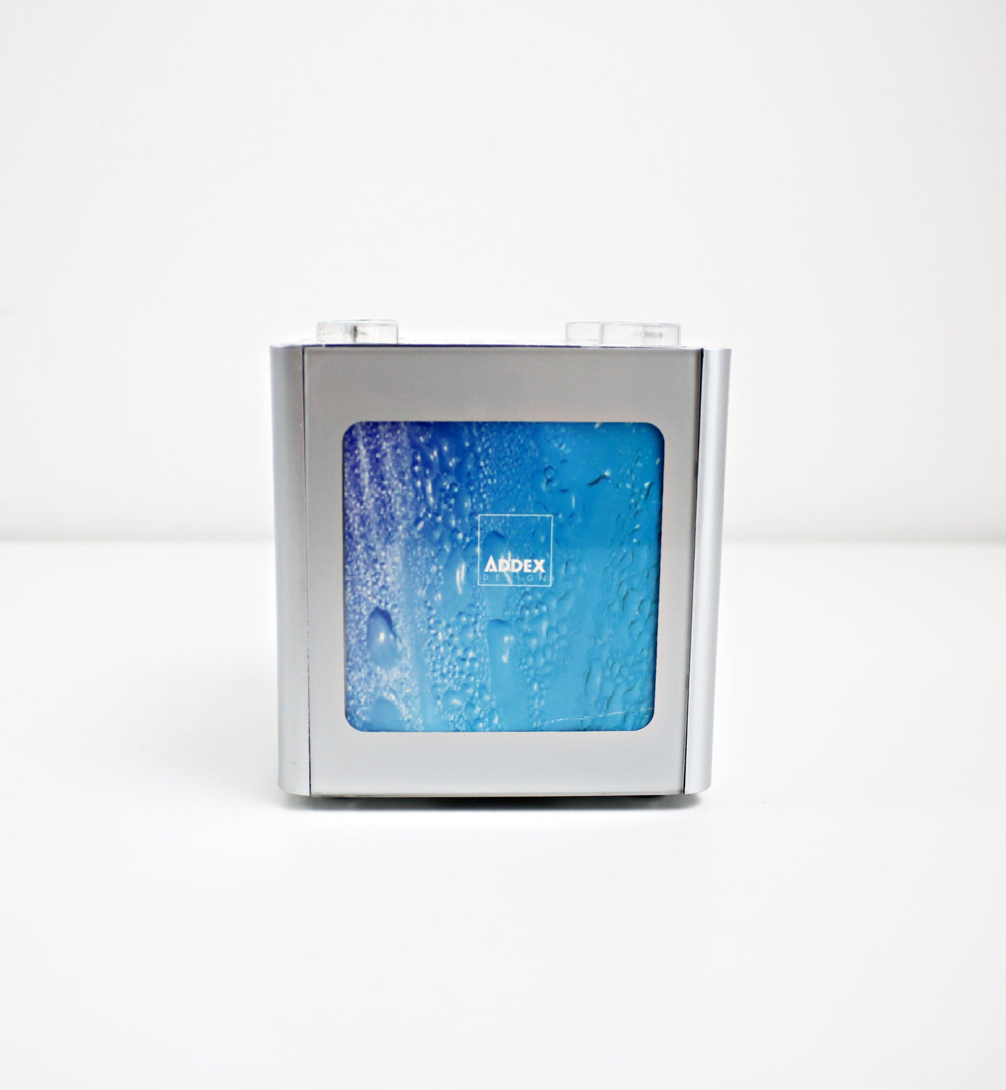 2002 Addex AD98 radio / photo cube in silver and blue lucite - rare vintage item in original box