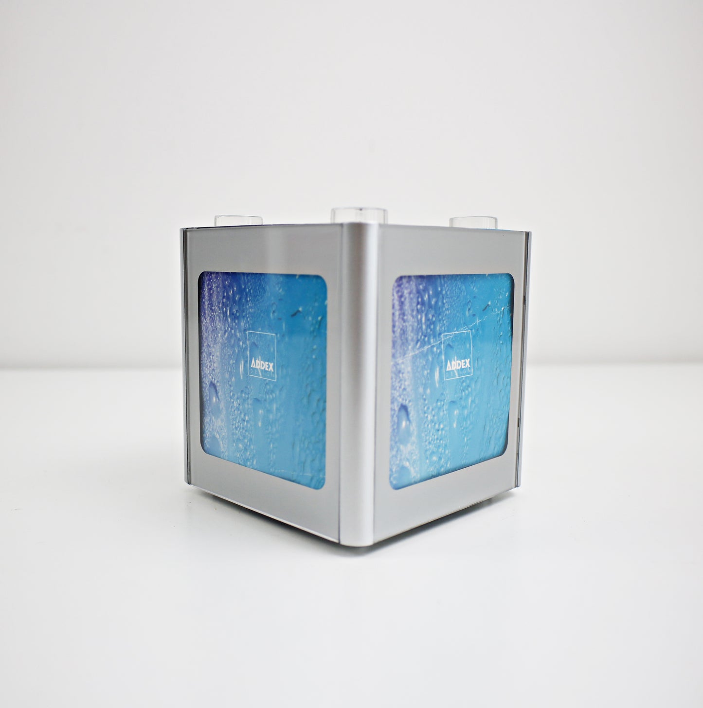 2002 Addex AD98 radio / photo cube in silver and blue lucite - rare vintage item in original box