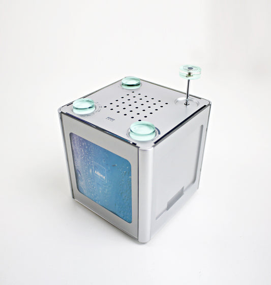 2002 Addex AD98 radio / photo cube in silver and blue lucite - rare vintage item in original box