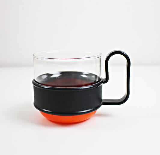 Pairs of modernist Pyrex Brasilia - glass and plastic cups - black and orange or black and yellow