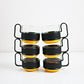 Pairs of modernist Pyrex Brasilia - glass and plastic cups - black and orange or black and yellow