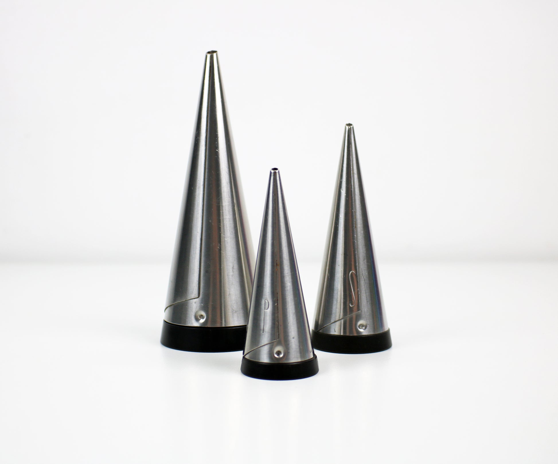 Swedish modernist conical steel cruet salt, pepper and sugar set by Gense of Sweden