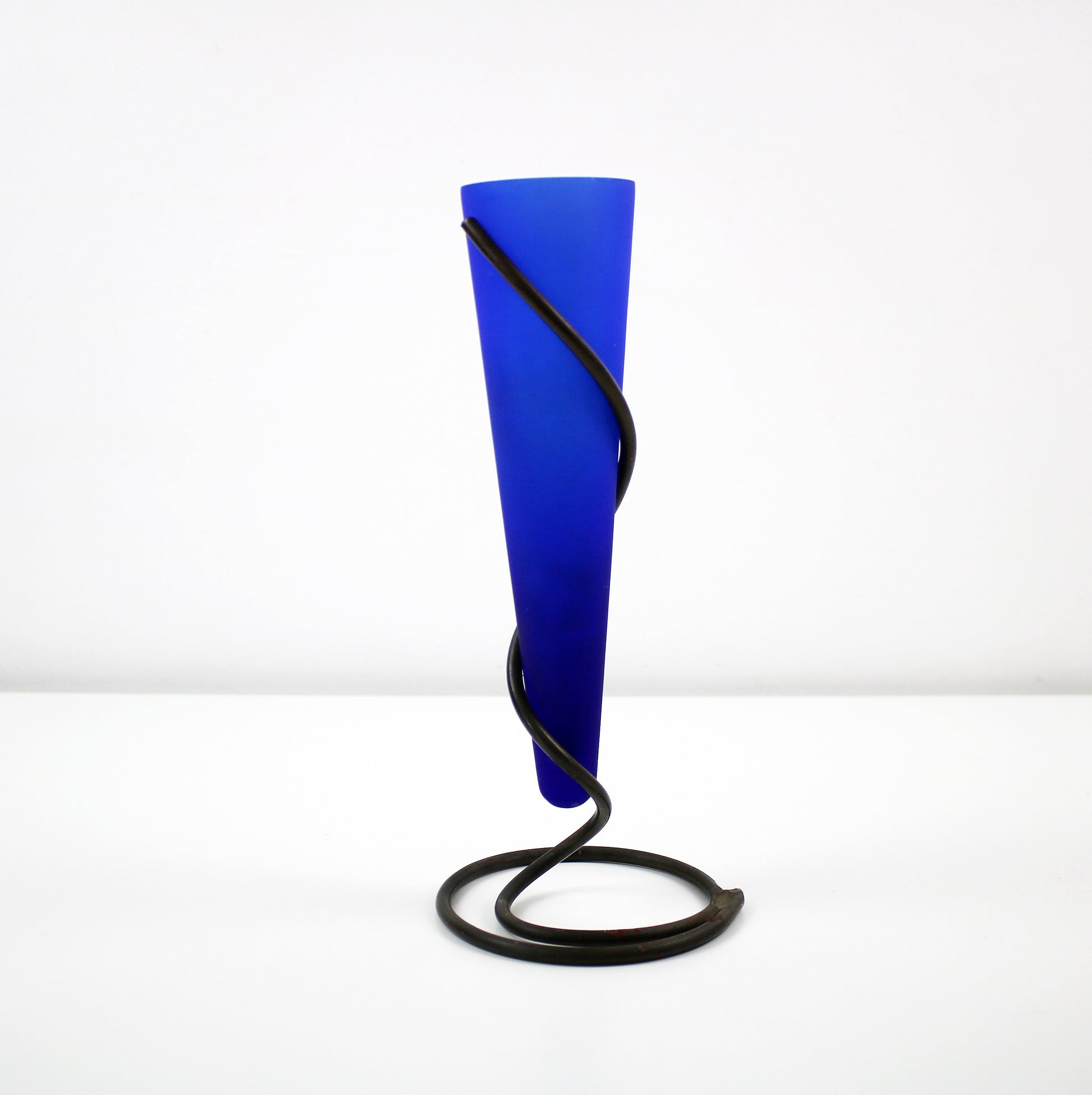 1980s deep blue glass cone vase in metal spiral holder