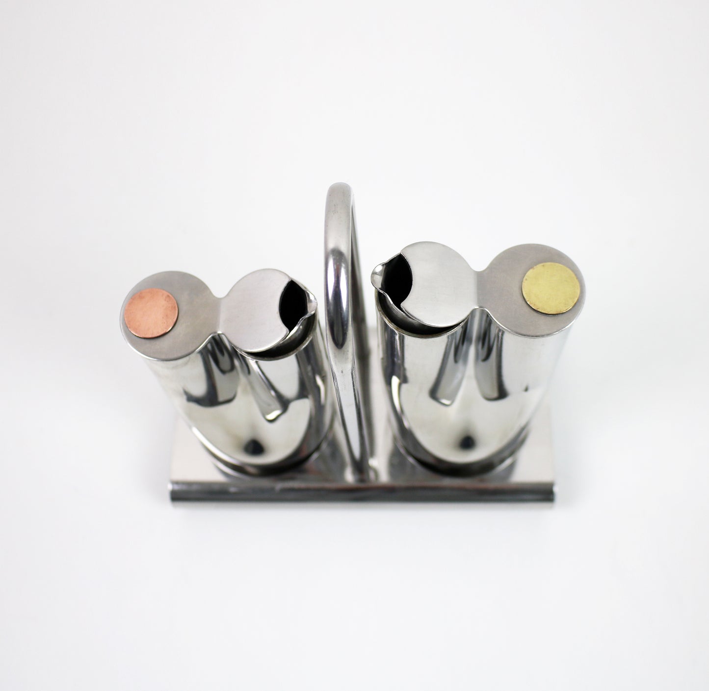 Vintage Italian dressing cruet set in stainless steel, brass and copper by Stella