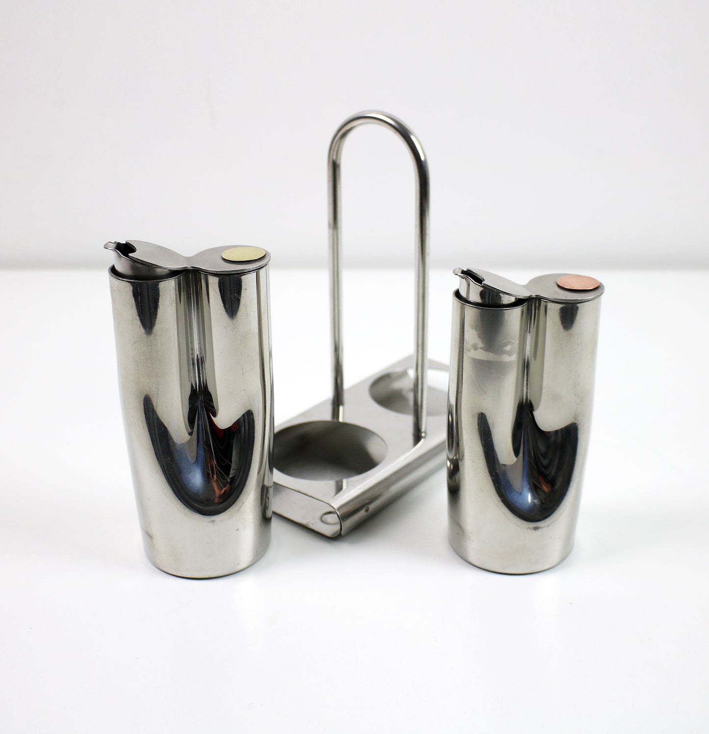 Vintage Italian dressing cruet set in stainless steel, brass and copper by Stella